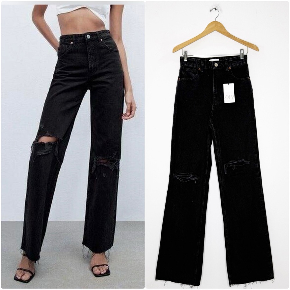 Zara Black Straight-Leg Distressed Jeans